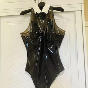 Latex Rubber Bodysuit for Women, Stretchy Custom Fit Leotard with Collar Detail Sexy Lingerie