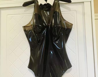 Latex Rubber Bodysuit for Women, Stretchy Custom Fit Leotard with Collar Detail Sexy Lingerie