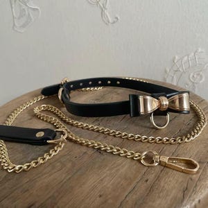 Genuine Leather Choker and Lead Set, Leather Bow Collar and Leash, Neck Leather Collar Choker Necklace