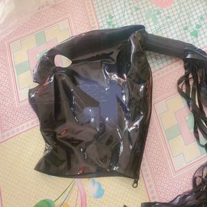 Latex Hood, Latex Mask with Zipper and Ponytail Tube, Black Latex Hood for Cosplay