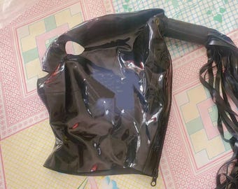 Latex Hood, Latex Mask with Zipper and Ponytail Tube, Black Latex Hood for Cosplay