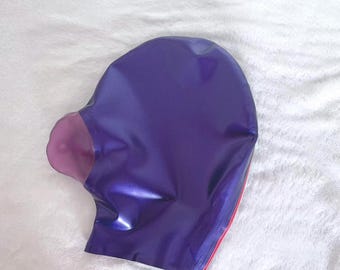 Purple Latex Hood with Hole – Shiny Rubber Mask for Cosplay, Fetish Fashion & Costume Art