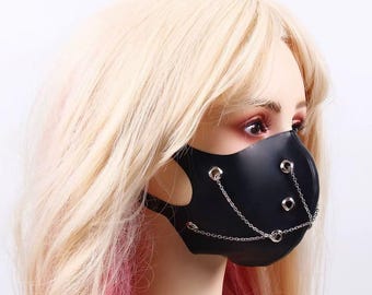 Black Latex Half Mask with Metal Chains: Cosplay Costume Accessory
