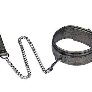 Black Leather Collar and Leash Set with Black Metal Accessories, Leather Choker with Leash