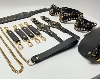 Leather Bondage Kit – Restraints Set with Leather Handcuffs, Ankle Cuffs, Collar & Leash, Paddle, Blindfold