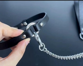 O-Ring Collar Choker, Leather Collar and Leash Set, Slim Black Leather Choker with O Ring