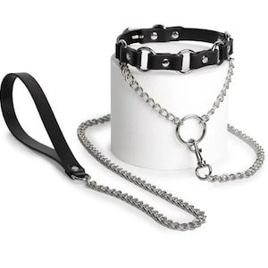 Leather O-Ring Collar and Leash Set – Gothic Punk Choker and Chain Leash Set for Cosplay