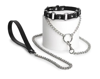 Leather O-Ring Collar and Leash Set – Gothic Punk Choker and Chain Leash Set for Cosplay