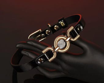 Leather Choker Necklace with O-Ring, Gothic Collar, Punk Rock Metal Accents