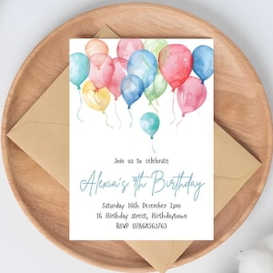 Invito per festa di compleanno con palloncini, acquerello, arcobaleno, modificabile, download immediato, colorato, semplice, invito