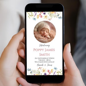 Wildflower digital birth announcement editable instant download baby girl name reveal weight new parents hello world simple classy flower
