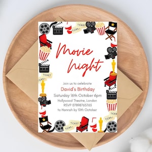 Movie Night Cinema party invitation editable instant download, red carpet movie star popcorn film red carpet event Hollywood Oscar invite