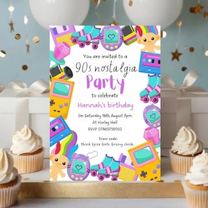 90s nostalgia party invitation, birthday invite editable download, back to the 90s, nostalgic retro design 1990s disco dance tech toy theme