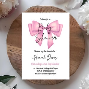 Pink Bow Simple Baby Shower Invitation Editable, cute baby girl it’s a girl digital download, classic minimalist classy sprinkle invite