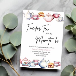 Zeit für Tee mit der Mutter zu sein bearbeitbare Babypartyeinladung Download, Tee-Party Nachmittagstee einladen, britischer High Tea Cream Tea