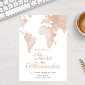 World Map Save The Date Wedding Invitation Editable Instant Download, Abroad Destination Elopement Invite, vintage watercolour beige brown
