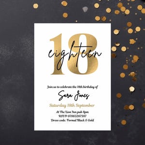 Invito semplice modificabile per il 18° compleanno, invito minimalista per il 18° compleanno, invito istantaneo minimalista per il 18° compleanno, invito formale per il 18° compleanno in foglia d'oro