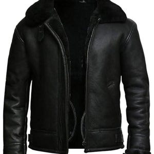 Hidesmith Men’s B3 Black Shearling Aviator Genuine Sheepskin Leather Jacket – RAF Pilot Bomber Mens Winter Jacket | Fur Jackets for Men