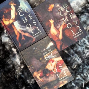 Op de afbeelding: Drie hardcover boeken met een donkere achtergrond en gouden letters. De boeken zijn getiteld "Echoes 1", "Echoes 2" en "Echoes 3". Het eerste boek heeft de tekst "Vijfde jaar" boven de titel, het tweede boek heeft de tekst "Zesde jaar" boven de titel en het derde boek heeft de tekst "Einde: Troje" boven de titel. Alle drie boeken hebben de tekst "Messermoon" onderaan.