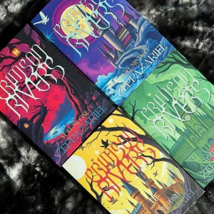May include: Four paperback books with colorful covers featuring a dark fantasy theme. The books are titled "Crimson Rivers" and each volume has a different color cover: purple, green, yellow, and red. The text on the covers reads "Volume One, Zeppazariel", "Volume Two, Zeppazariel", "Volume Three, Zeppazariel", and "Crimson Rivers".