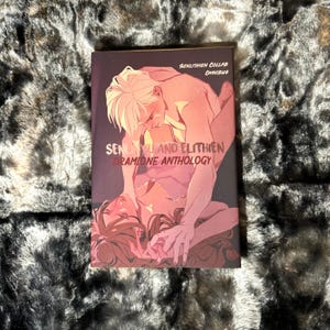 May include: A book cover with a dark background and a couple embracing. The text on the cover reads "Senlin and Elthien Dramione Anthology" and "Senlithen Collab Omnibus".