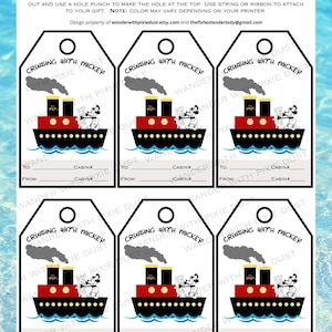 May include: Six printable gift tags featuring a cartoon image of Mickey Mouse driving a red and black steamboat with the text "Cruising with Mickey". The tags are designed for use with Disney Magic Fish Extender gifts.