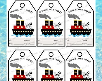 May include: Six printable gift tags featuring Mickey Mouse and a red and black steamboat. The tags are white with black text that reads "Cruising with Mickey". Each tag has space to write "To", "From", "Cabin #", and "Cabin #".