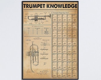 Trumpet Knowledge, Trumpet Fingering Chart, Part Of Trumpet, Musician Gift Idea, Trumpet Patent Art, Trumpet Wall Art, Trumpet Chord Chart