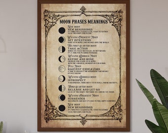 May include: A vintage-style poster with a brown background and ornate gold frame. The poster lists the moon phases and their meanings, including "New Moon: New Beginnings", "Waxing Crescent Moon: Set Intentions", "First Quarter Moon: Take Action", "Waxing Gibbous Moon:  Refine and Rise", "Full Moon: Harvest Energies", "Waning Gibbous Moon: Introspect", "Last Quarter Moon: Release and Let Go", "Waning Crescent Moon: Surrender", and "New Moon: New Beginnings".