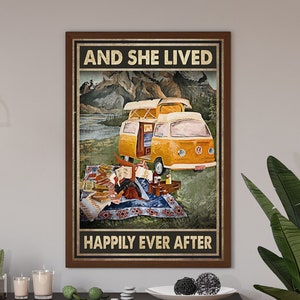 Girl Camping Art, And She Lived Happily Ever After Poster, Camping Lover Gift, Gift For Camping Lover, Camper Gift, Camper Girl Art Print