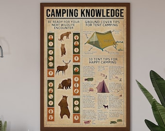 Op de afbeelding: Een vintage poster met de titel "Camping Knowledge". De poster bevat illustraties van dieren, kampeeruitrusting en tips voor kamperen. De tekst op de poster omvat "Be ready for your next wildlife encounter", "Ground cover tips for tent camping" en "10 tent tips for happy camping".