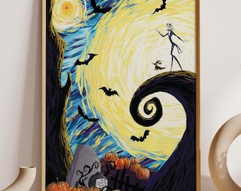 Jack Skellington Halloween Starry Night Home Decor, Nightmare Before Lover cadeau, Jack en Sally vintage poster, kunst aan de muur volle maan