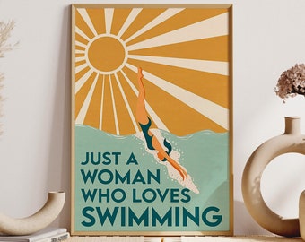 Swimming Girl Pool Art Print, Just A Woman Who Loves Swimming Poster, Vintage Swimming Girl Wall Art, Swimming Wall Decor