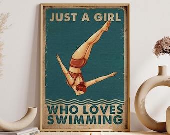 Swimming Girl Art Print, Just A Girl Who Loves Swimming Poster, Vintage Swimming Girl Wall Art, Swimming Wall Decor, Swimming Pool Girl
