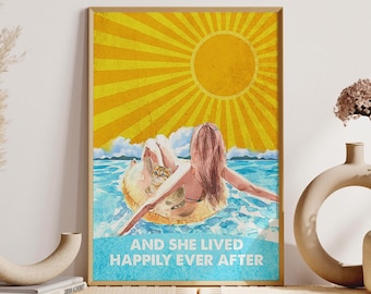 Swimming Girl With Cat Print, And She Lived Happily Ever After Poster, Vintage Swim Girl Wall Art, Swimming Wall Decor, Swimming Pool Girl
