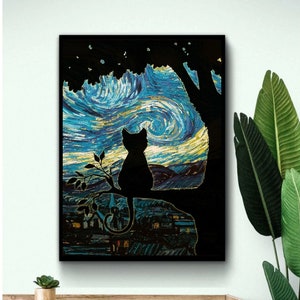 Cartel del gato de la noche estrellada, cartel del gato, regalo del amante del gato, arte de la pared del gato, cartel vintage, decoración del gato, regalo del gato, regalo para el amante del gato
