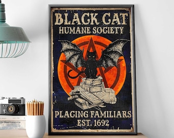 Black Cat Witch Art Decor, Black Cat Humane Society Poster, Witch Halloween Decor, Witchcraft Lover Gift,Halloween Black Cat Witch Art Print