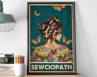 Sewing Girl Butterfly Wall Art, Sewciopath Poster, Sewing Head Vintage Poster, Sewing Home Decor, Sewing Vintage Poster, Sewing Lover Gift
