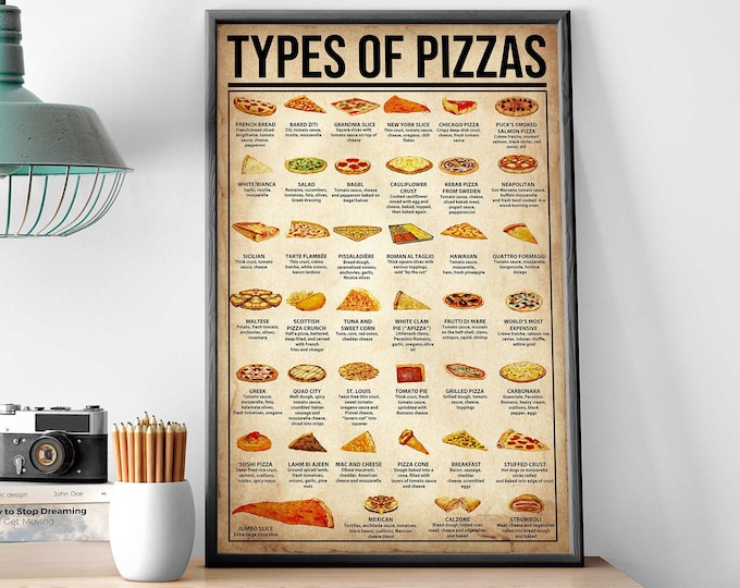 Pizzas Knowledge Poster, Types Of Pizzas Poster, Kitchen Decoration, Food Knowledge Art Print, Kitchen Wall Hanging, Pizzas Lover Decor