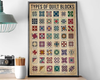 Poster sulla conoscenza del quilting, stampa artistica sui tipi di blocchi per quilting, idea regalo per gli amanti del quilting, decorazioni per la casa in stile vintage, poster per quilting da cucito