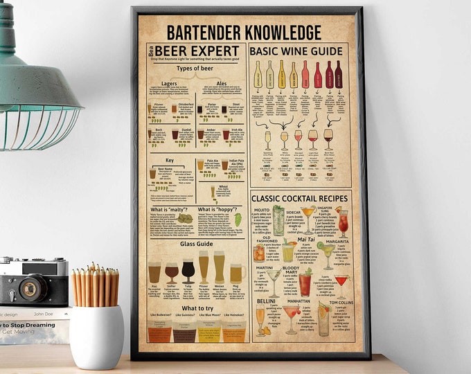 Bartender Knowledge Poster, Kitchen Decoration, Kitchen Wall Hanging, Classic Cocktail Recipes, Beer Expert Wall Art, Basic Wine Guide Print