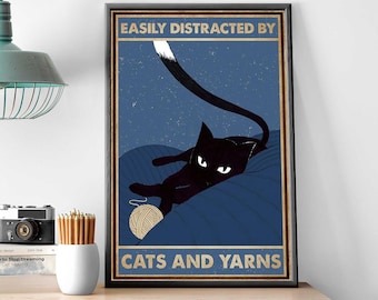 Black Cat Knitting Wall Art, Easily Distracted By Cats And Yarn, Knitting Home Decor, Knitting With Black Cat Poster, Knitting Lover Gift