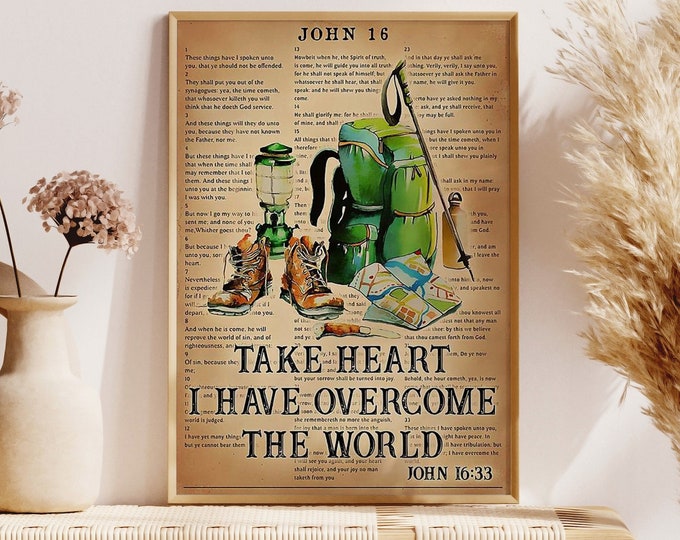 Hiking Gears Print, Take Heart Have Overcome The World Poster, Gifts For Hiker, Hiker Wall Hanging Inactive, Forest Hiking Lover Idea