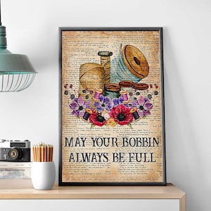 Bloemen naaihulpmiddelen kunst aan de muur, mei je spoel altijd vol poster, naaikop vintage poster, naaien woondecoratie, naaien minnaar cadeau-idee