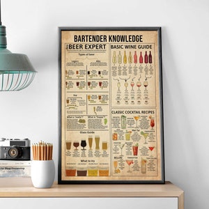 Barkeeper Wissen Poster, Küchendekoration, Wandbehang für die Küche, Klassische Cocktailrezepte, Bier-Experte-Wandkunst, Grundlegender Weinführer Druck