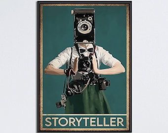 May include: A vintage-style poster featuring a person with a camera for a head, holding a camera in their hands. The poster has a teal background with gold accents and the word "STORYTELLER" at the bottom.
