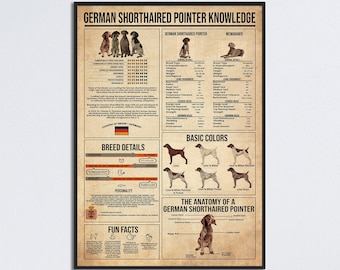 Poster informativo sul cane da caccia tedesco a pelo corto, poster sul cane, poster vintage, regalo per il proprietario di un cane, decorazioni per cani, decorazioni per la casa per cani, decorazioni murali per cani, amante dei cani
