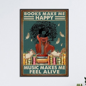 Black Queen Reading Art Print, Books Make Me Happy, Book Head Woman Poster, Black Woman Head Music Art, Black Girl Love Reading Book