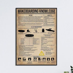 May include: A vintage-style poster with a brown background and black border, titled "Wakeboarding Knowledge". The poster features information about the history, benefits, and equipment needed for wakeboarding. It includes hand signals, safety practices, and tips for beginners.