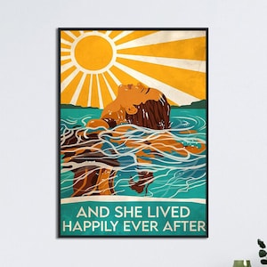 Schwimmen Mädchen Poster, und sie lebte glücklich Ever After Poster, Vintage Schwimmen Mädchen Wandkunst, Schwimmen Wanddekor, Boho Sun Vintage Poster